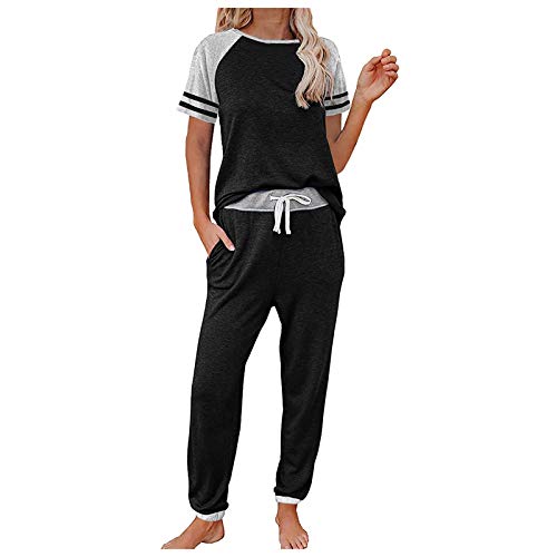 Pyjama Set Damen Lang Baumwolle Damen Set Hose Und Oberteil Sport Loungewear Damen Set Sommer Damen Outfit Set Elegant Damen HemdhosenKurzarmLässigStilvolle Top-Shirts Anzug Set Damen​ (Black, L) von NHNKB