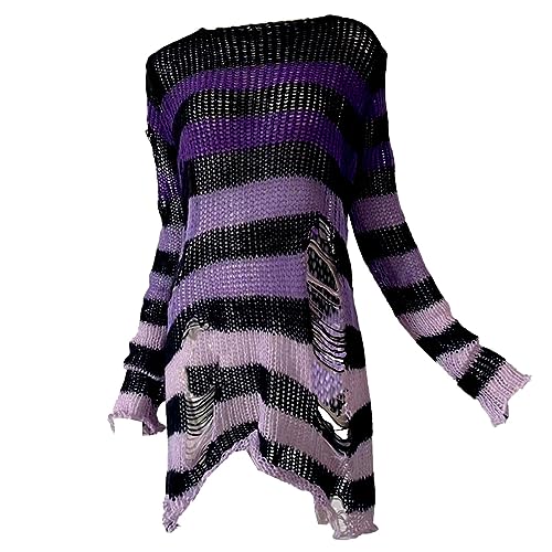 Strickpullover Damen Grobmaschig Oversize Strickpullover Damen Lochmuster ​Frauen Gebrochenes Loch Mittellange Pullover Streifen Farbverlauf Lose Punk Herbst/Winter frauen Pullover (Purple, One Size) von NHNKB