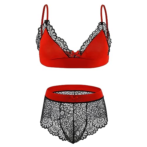 Sexy Herren Erotik Dessous Set Sissy Panties Gay Male Bustier Höschen Bikini Set Herren Sexy Triangel Slips Rückenfrei Halfter Unterwäsche Set Erotisch BH und Höschens Set (Schwarz und Rot 3XL) von NICEYEA