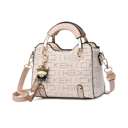 NICOLE & DORIS Handtasche Damen Klein Schultertaschen Mode Umhängetasche PU Leder Top Griff Tasche Mini Henkeltasche Mädchen Crossbody Bag mit Anhänger Khaki mit Buchstaben von NICOLE & DORIS