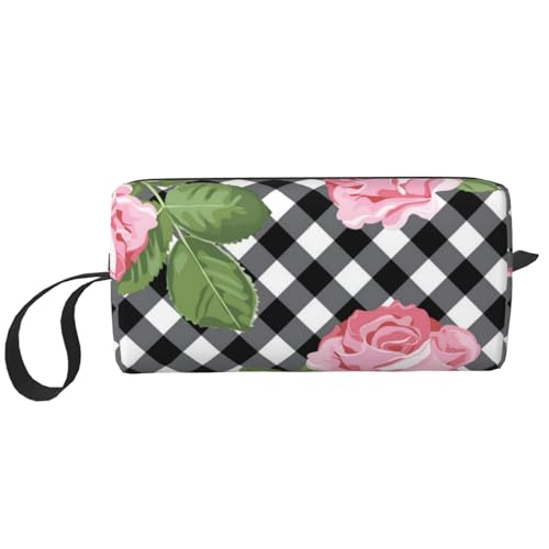 Drucken Sie Rosen auf schwarz-weißem Plaid, Make-up-Tasche, Kosmetiktasche, tragbare Reise-Kulturtasche, Make-up-Tasche, Organizer von NIHAPUDW