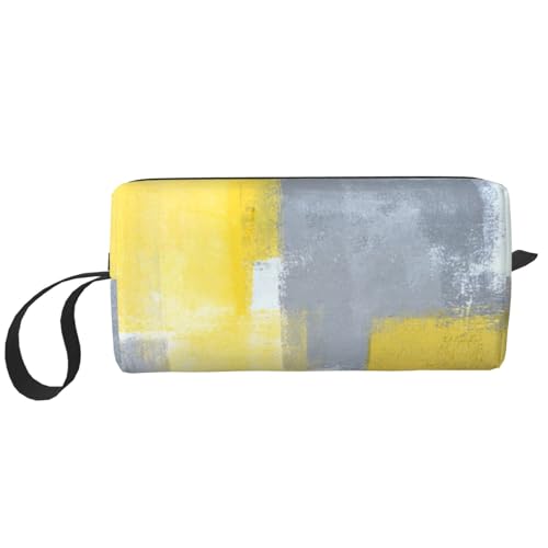 Graue und gelbe abstrakte Kunstmalerei, Make-up-Tasche, Kosmetiktasche, tragbare Reise-Kulturtasche, Make-up-Tasche, Organizer von NIHAPUDW