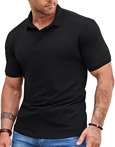 NITAGUT Herren Poloshirt Atmungsaktive Bequem Golf Tennis T-Shirts Baumwolle Lounge Leicht Knopfleiste Kurzarm Hemd,Schwarz,M von NITAGUT