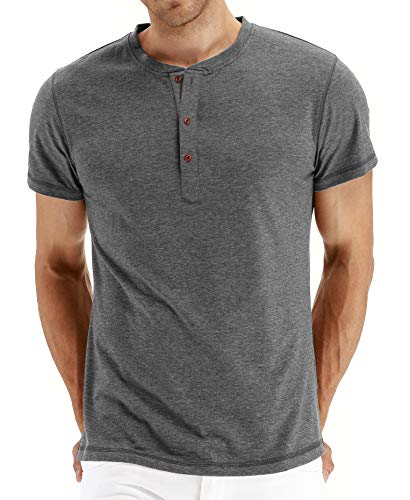 NITAGUT Herren T-Shirt Baumwolle Kurzarm Alltags-Henley-Hemd,Dunkelgrau,XXL EU von NITAGUT