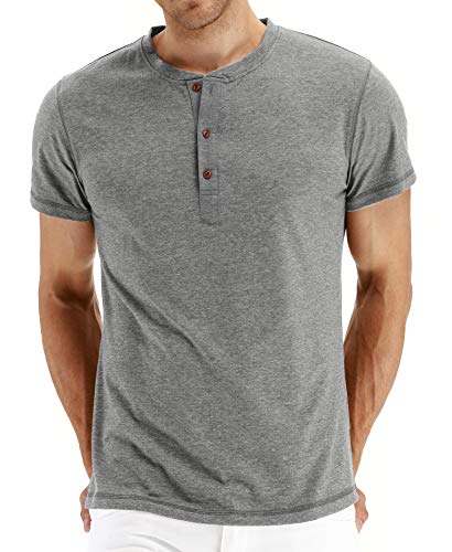 NITAGUT Herren T-Shirt Baumwolle Kurzarm Alltags-Henley-Hemd,Hellgrau,XXL EU von NITAGUT