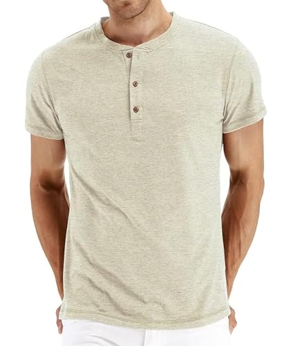 NITAGUT Herren T-Shirt Baumwolle Kurzarm Alltags-Henley-Hemd,Vg-Beige,S EU von NITAGUT