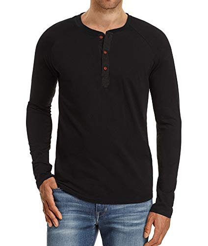 NITAGUT Herren T-Shirt Baumwolle Langarm Alltags-Henley-Hemd,Schwarz,M EU von NITAGUT