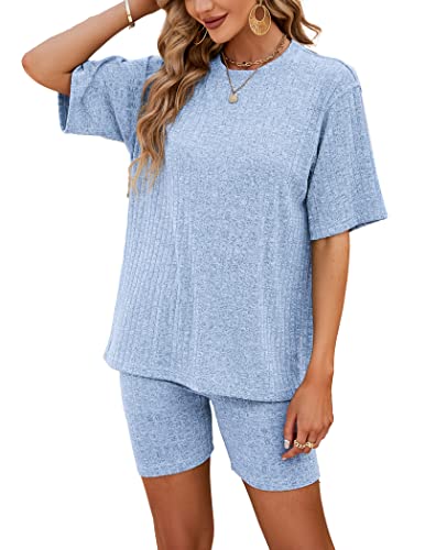 NIUDAU Damen Pyjama Set Drop Shoulder Kurzarmshirt und Shorts Zweiteile Schlafanzug Set Sommer Sleepwear Hausanzug Sets Einfarbig von NIUDAU