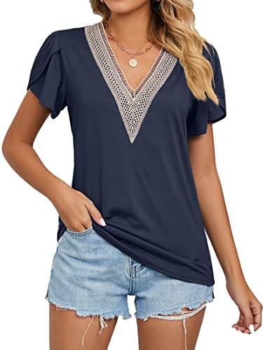 NIUHE Damen Gold Spitze V-Ausschnitt Fliese Kurze Ärmel lose Casual T-Shirt Top(Marineblau,XXL) von NIUHE