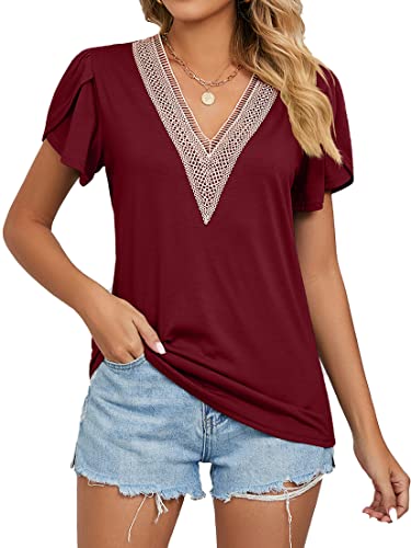 NIUHE Damen Gold Spitze V-Ausschnitt Fliese Kurze Ärmel lose Casual T-Shirt Top(Rot,M) von NIUHE