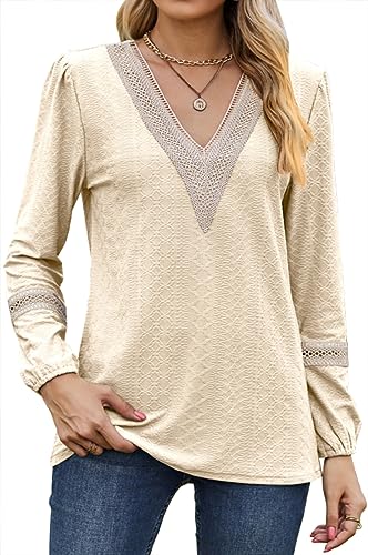 NIUHE Damen Gold Spitze V-Ausschnitt Kragen Muster Lose Relaxed Langarm T-Shirt Top(Aprikosenfarbe,S) von NIUHE