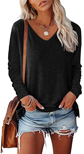 NIUHE Damen Langarmshirt V-Ausschnitt Einfarbig Casual Longsleeve T Shirts Flowy Tops Blusen(0-3 Schwarz,S) von NIUHE