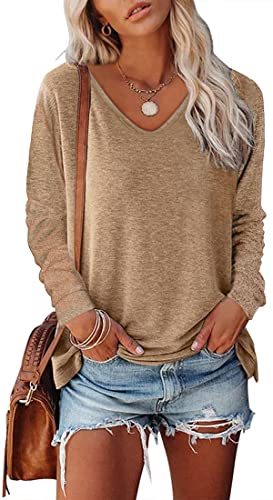 NIUHE Damen Langarmshirt V-Ausschnitt Einfarbig Casual Longsleeve T Shirts Flowy Tops Blusen(0-6 Khaki,L) von NIUHE