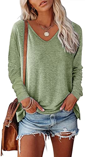 NIUHE Damen Langarmshirt V-Ausschnitt Einfarbig Casual Longsleeve T Shirts Flowy Tops Blusen(0-7Grün,L) von NIUHE