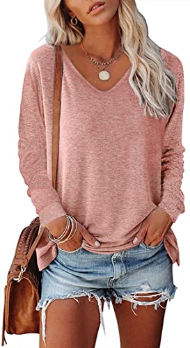 NIUHE Damen Langarmshirt V-Ausschnitt Einfarbig Casual Longsleeve T Shirts Flowy Tops Blusen(0-2 Rosa,S) von NIUHE