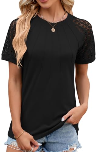 NIUHE Damen T-Shirt Brust Plissierte Muster Manschetten Spitze Hohl Rundhalsausschnitt Kurzarm(0 Schwarz,M) von NIUHE