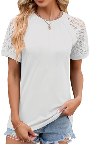 NIUHE Damen T-Shirt Brust Plissierte Muster Manschetten Spitze Hohl Rundhalsausschnitt Kurzarm(weiß,L) von NIUHE