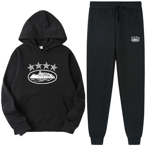 NIUHE Herren Trainingsanzug Sets Freizeit Jogginganzug Schiffe Druck 2-teilig Kapuzenjacke mit Kapuze Und Taschen Sporthose Kapuzenpullover(0 Schwarz 002,L) von NIUHE