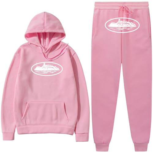 NIUHE Herren Trainingsanzug Sets Freizeit Jogginganzug Schiffe Druck 2-teilig Kapuzenjacke mit Kapuze Und Taschen Sporthose Kapuzenpullover(Rosa,XXL) von NIUHE