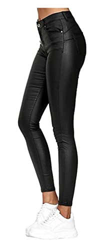 Damen-Hose Im Kunstleder-Look, Hoch Tailliert, Beschichtet, Stretch, Skinny-Motorradhose, Hohe Taille, Schmale Passform, Leder (Color : Noir, Size : XL) von NIULI