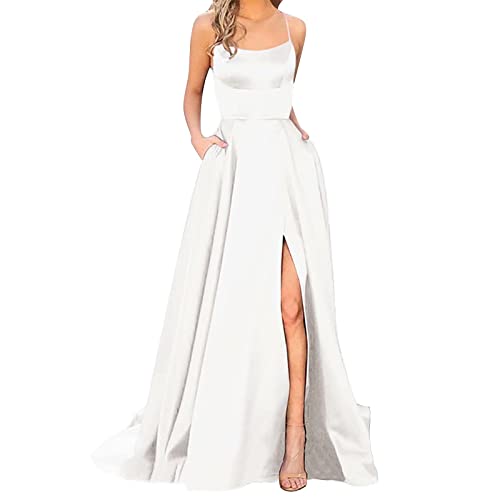 Ballkleider Damen Lang Abendkleider Elegant für Hochzeit Cocktailkleid mit Taschen Sexy Spaghetti Hochzeitskleid Satin Abschlusskleider Festlich Kleider Rückenfrei Große Größen Brautjungfernkleider von NIUREDLTD