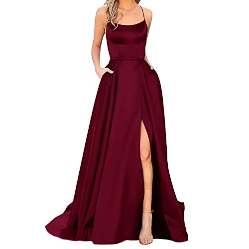 Ballkleider Damen Lang Abendkleider Elegant für Hochzeit Cocktailkleid mit Taschen Sexy Spaghetti Hochzeitskleid Satin Abschlusskleider Festlich Kleider Rückenfrei Große Größen Brautjungfernkleider von NIUREDLTD