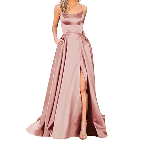 Ballkleider Damen Lang Abendkleider Elegant für Hochzeit Cocktailkleid mit Taschen Sexy Spaghetti Hochzeitskleid Satin Abschlusskleider Festlich Kleider Rückenfrei Große Größen Brautjungfernkleider von NIUREDLTD