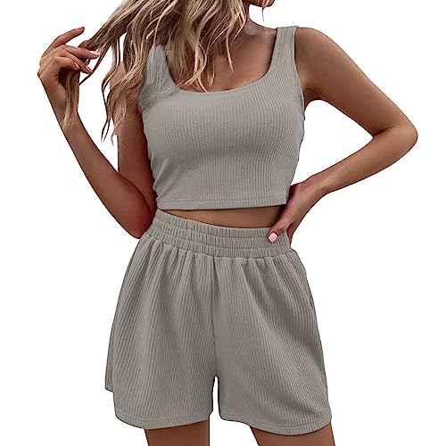 Set Damen Outfit 2 Teiler Damen Sommer Zweiteiler Damen Shorts und Top Sets 2 Piece Spaghettiträger Bauchfrei Tank Tops Kurze Hose Tops Camisole Crop Shorts Hauseanzug Kombi 2-Teiler Home Set #W von NIUREDLTD