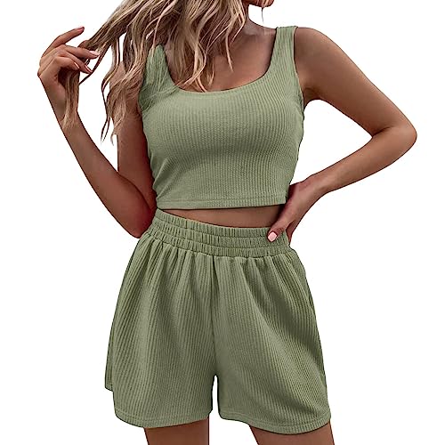 Set Damen Outfit 2 Teiler Damen Sommer Zweiteiler Damen Shorts und Top Sets 2 Piece Spaghettiträger Bauchfrei Tank Tops Kurze Hose Tops Camisole Crop Shorts Hauseanzug Kombi 2-Teiler Home Set #W von NIUREDLTD