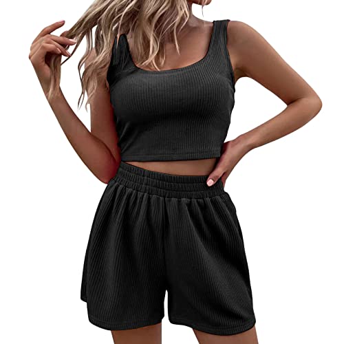 Set Damen Outfit 2 Teiler Damen Sommer Zweiteiler Damen Shorts und Top Sets 2 Piece Spaghettiträger Bauchfrei Tank Tops Kurze Hose Tops Camisole Crop Shorts Hauseanzug Kombi 2-Teiler Home Set #W von NIUREDLTD