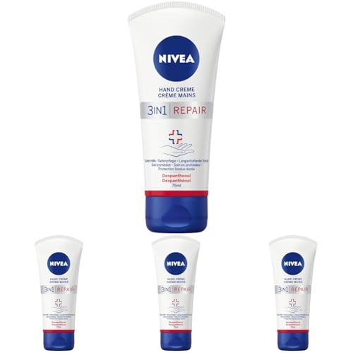 NIVEA 3in1 Repair Hand Creme (75 ml), reichhaltige Hautcreme mit Dexpanthenol für intensive Pflege, Handpflege bei sehr trockenen und rissigen Händen (Packung mit 4) von NIVEA