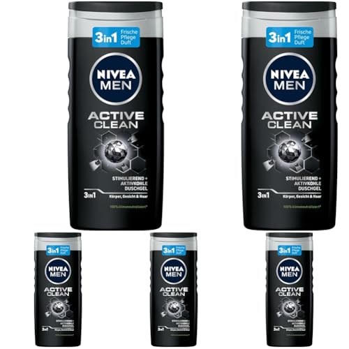 NIVEA MEN Active Clean Duschgel (250 ml), pH-hautfreundliche Pflegedusche mit maskulinem Duft, Männer Duschgel mit Aktivkohle für Körper, Gesicht und Haar (Packung mit 5) von NIVEA