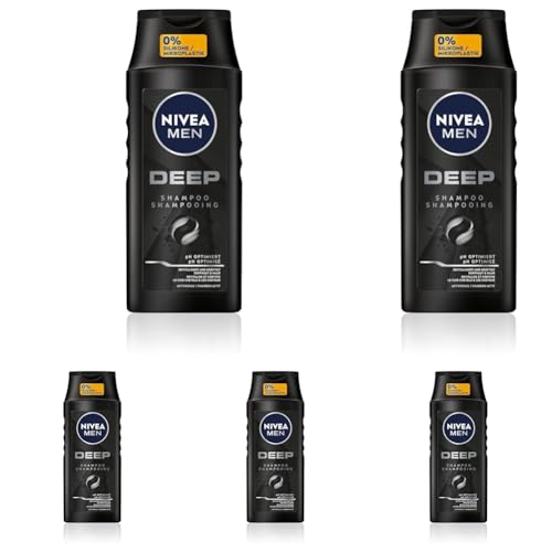 NIVEA MEN Deep Shampoo, Shampoo gegen fettige Haare mit Aktivkohle, revitalisierendes Männer Shampoo für ein langanhaltendes Frischegefühl, veganes Shampoo für Tiefenreinigung (250 ml) (Packung mit 5) von NIVEA