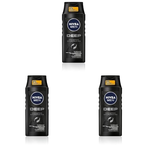 NIVEA MEN Deep Shampoo, Shampoo gegen fettige Haare mit Aktivkohle, revitalisierendes Männer Shampoo für ein langanhaltendes Frischegefühl, veganes Shampoo für Tiefenreinigung (250 ml) (Packung mit 3) von NIVEA