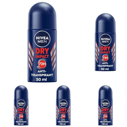 NIVEA MEN Dry Impact Deo Roll-On (50 ml), Anti-Transpirant für ein trockenes Hautgefühl, 72h Schweiß-Schutz und Dual-Active-Formel (Packung mit 5) von NIVEA