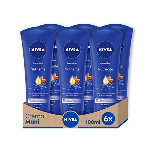 NIVEA Pflegende Handcreme, 6 x 100 ml, pflegende Creme angereichert mit Mandelöl, duftende Handcreme mit feuchtigkeitsspendender Formel von NIVEA