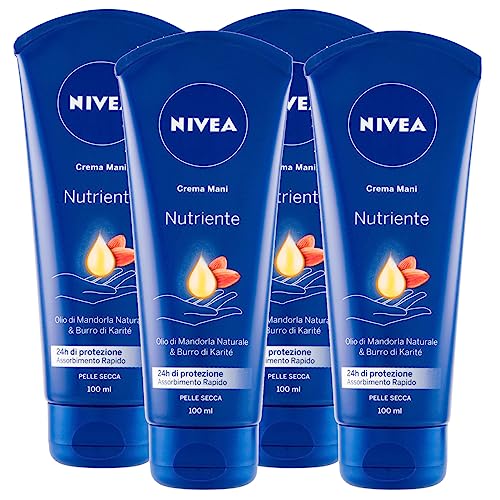 Nivea Feuchtigkeitsspendende Handcreme mit Mandelöl und Karité-Butter für trockene Haut, schnelle Aufnahme – 4 Flaschen à 100 ml von NIVEA