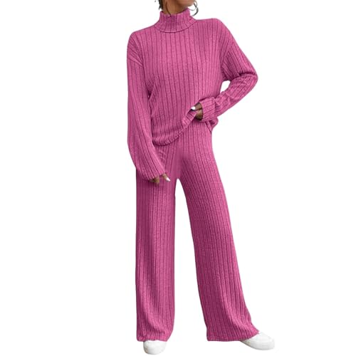 NJGRAE Damen 2 Stück Strickanzug Langarm Strickpullover Und Lange Jogginghose Zweiteilige Beiläufig Outfit Freizeitanzug Sportanzug Loungewear Set 2-teiliges Outfit Set (hb2-Hot Pink, M) von NJGRAE