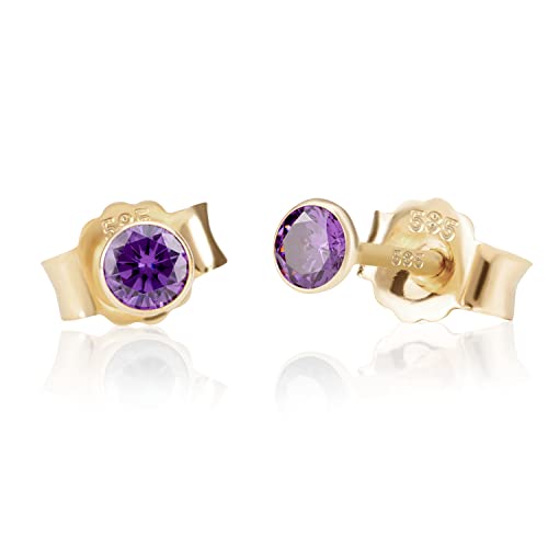 NKlaus Paar 3,0mm 585 Gelb Gold 14 Karat Ohrstecker Kristall Zirkonia Amethyst Butterfly Verschluss Damen Mädchen 11008 von NKlaus