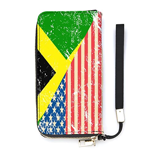 NLWQEKV Leder-Geldbörse mit amerikanischer und jamaikanischer Retro-Flagge, großes Fassungsvermögen, Clutch, Handytasche, Geldbörse, Kreditkartenetui mit Handschlaufe für Männer und Frauen von NLWQEKV