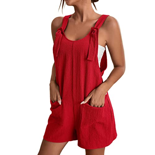 NMSLCNM Jumpsuit Damen Sommer Kurz Casual Ärmellos Overalls Romper Playsuit Hohe Taille Loose Latzhose Damen Kurz Elegant Overall Playsuit Einteiler Latzhose mit Taschen Strampler (01-Red, XXXXL) von NMSLCNM