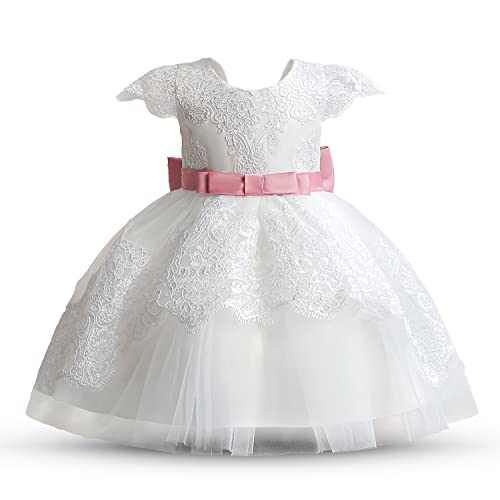 NNJXD Baby Mädchen Taufkleid Tutu Party Taufe Kleid Spitze Kleinkind Mädchen Kleider 2015 Weiß & Rosa Größe (80) 6-12 Monate von NNJXD