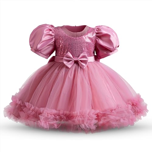 NNJXD Baby-Partykleid für Mädchen Tutu Pailletten Schleife Prinzessin Kleinkind Mädchen Hochzeitskleid 054 Rosa Größe (110) 3–4 Jahre von NNJXD