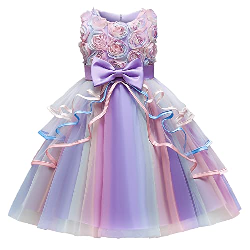 NNJXD Blume Mädchen Bunt Prinzessin Kleid Tutu Geburtstag Hochzeit Party Formelles Kleid Größe(130) 5-6 Jahre 736 Lila-A von NNJXD