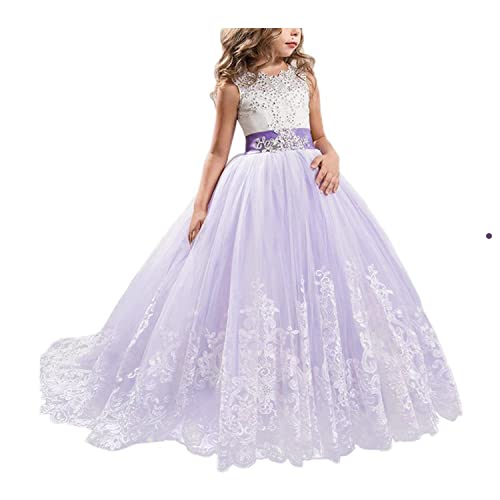 NNJXD Mädchen Spitze Tüll Gestickte Prinzessin Prom Ballkleid Formale Partei Lang Schwanz Kleider Größe (130) 6-7 Jahre 406 Lila-A von NNJXD