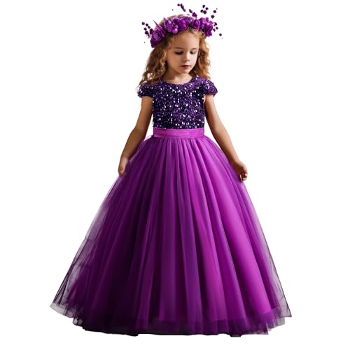 NNJXD Mädchen glitzerndes Paillettenkleid, Prinzessin, Festzug, Party, Blumen-Hochzeitskleid, 2036 Violett Größe (130) 6-7 Jahre von NNJXD