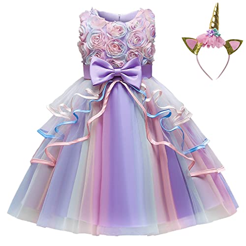 NNJXD Prinzessin Mädchen Einhorn Kleid Party Brautkleider Größe (110) 3-4 Jahre Blume 736 Violett von NNJXD