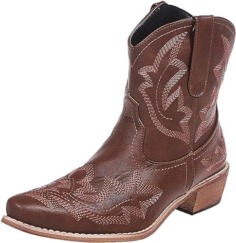 NOALED Damen-Cowboystiefel, Western-Stiefeletten, breite Wadenstiefel, dicker Absatz, kurzer Stiefel, spitze Zehen, Stickerei, Herbststiefel, Stiefeletten, Reitstiefel,40,Brown von NOALED