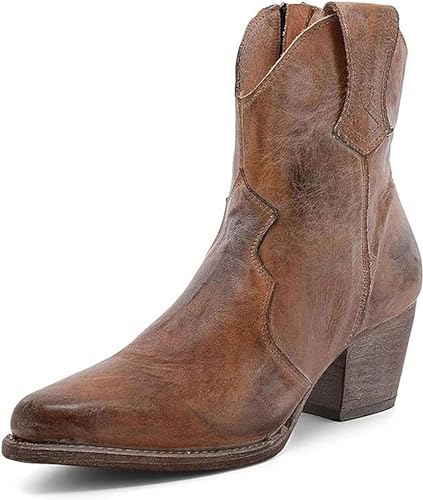 NOALED Damen Leder Stiefeletten Mit Runder Spitze, Retro Seitlicher Reißverschluss Ritter Kurze Stiefel Mittlerer Blockabsatz Freizeitschuhe Schnee Outdoor Thermo Cowboystiefel,36,A von NOALED