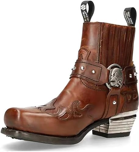 NOALED Herren Western Stiefeletten Schnallenriemen Stiefel Retro Leder Square Toe Cowboy Kurze Stiefel Cowboy Motorradstiefel,42,Brown von NOALED